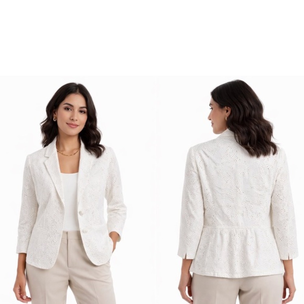 LOFT Ivory Eyelet Blazer 3/4 Sleeve Jacket Cotton Lined 10 Preppy‎ Chic 88-79